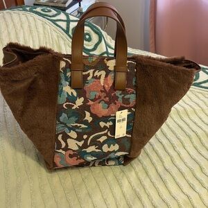 NWT Anthropologie Floral Patterned Brown Faux Fur Tote Bag